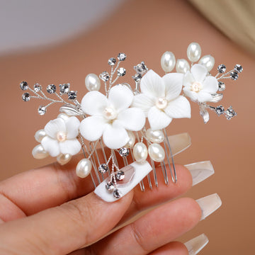 Crystals and Ceramic White flower Faux Pearl Ivory Starlight Hair comb, Bridal Hair piece, Bridal Hair Accessories, Wedding Hair Accessory.